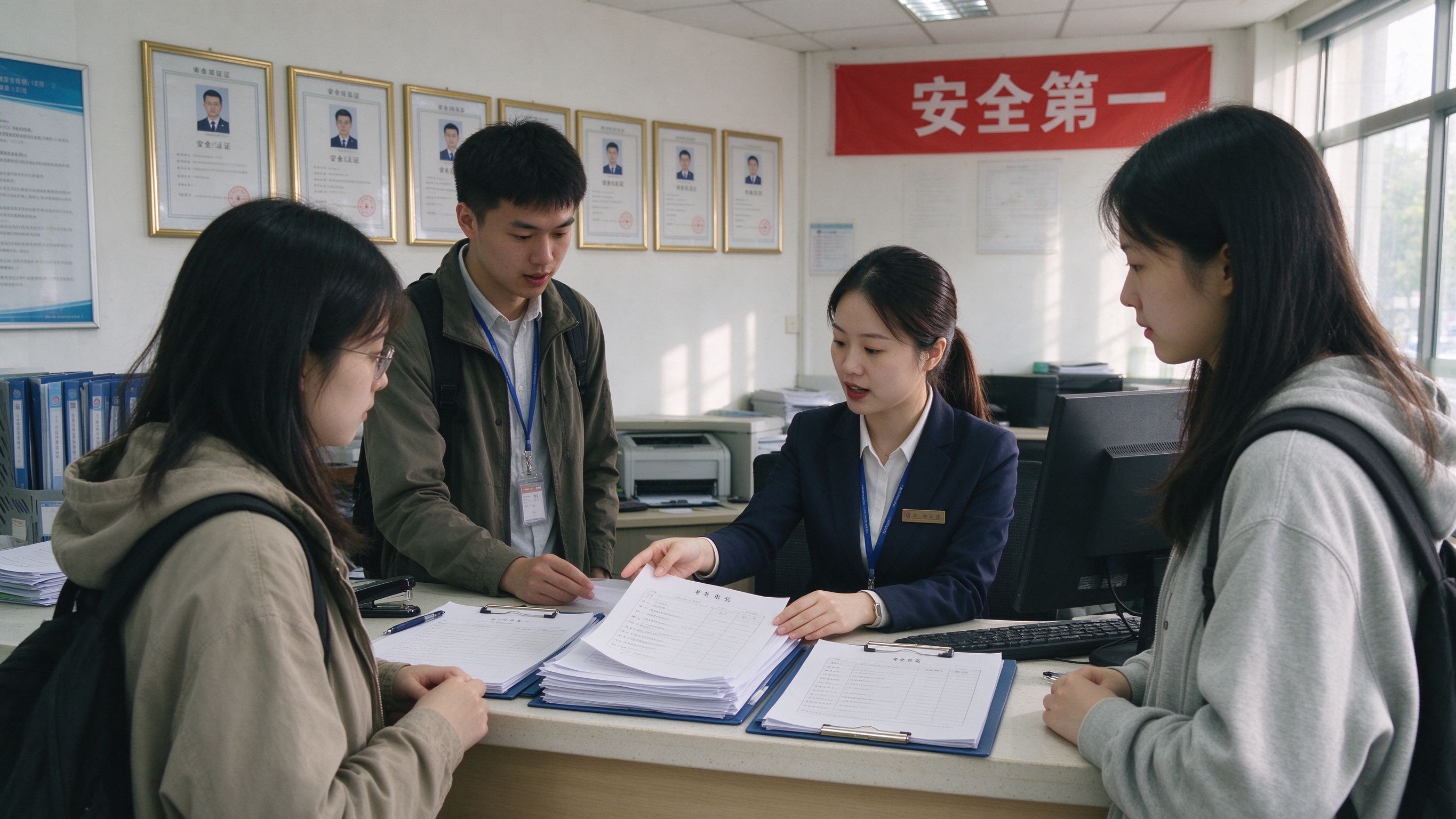顾问在电脑前帮学员查询证书信息