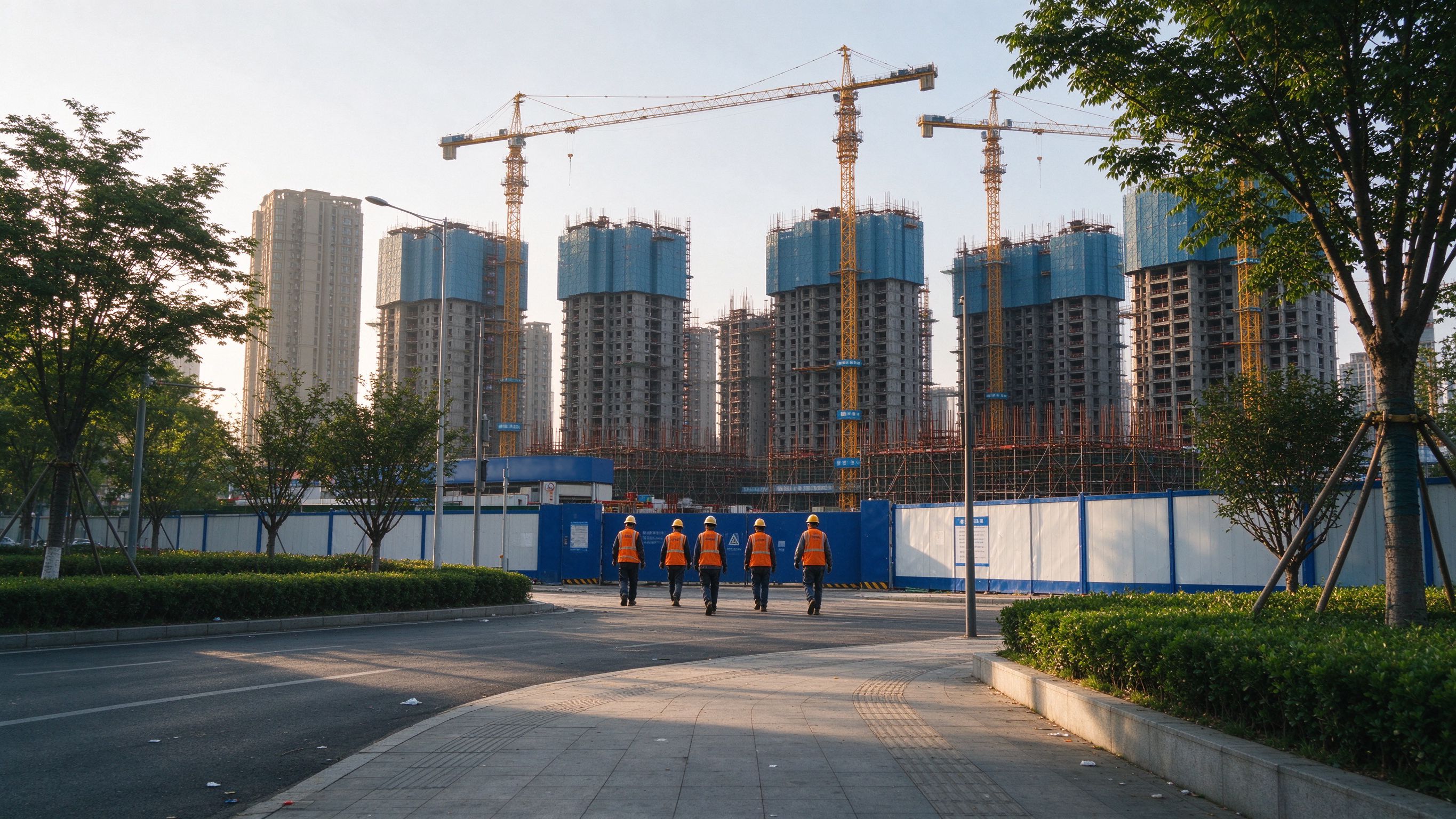 郑州城市在建工地与走向工地的工人